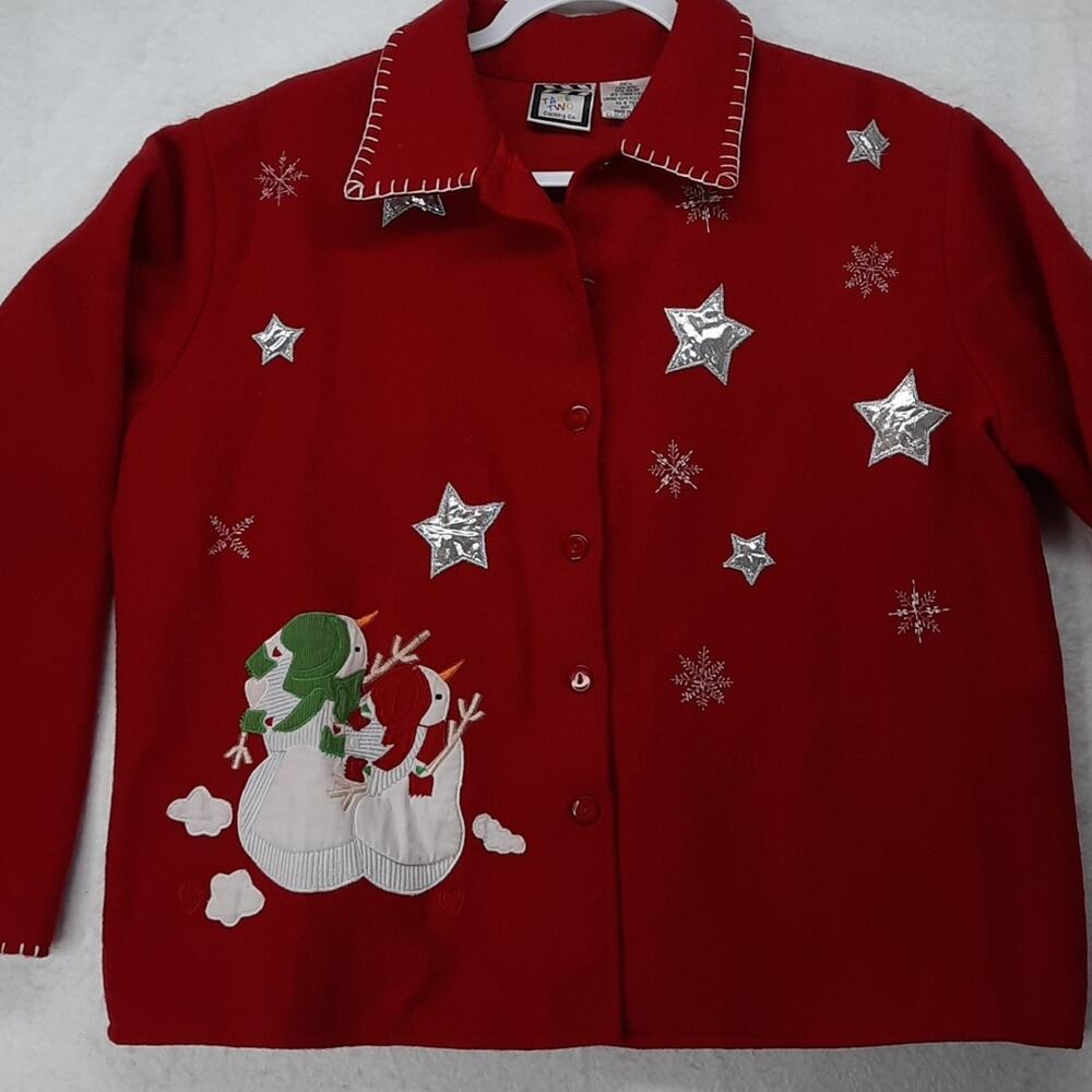 Take Two Clothing Company Wool Blend Jacket Womens Large Red Snowman‎ Christmas